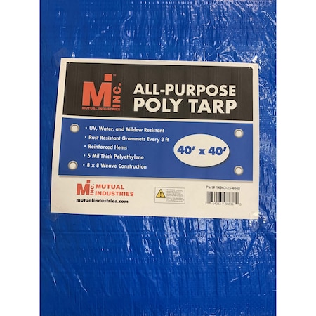 Mutual Industries Tarp, 40 ft x 40 ft, 5 Mil, Blue, UV Resistant, Mildew Resistant 14963-25-4040